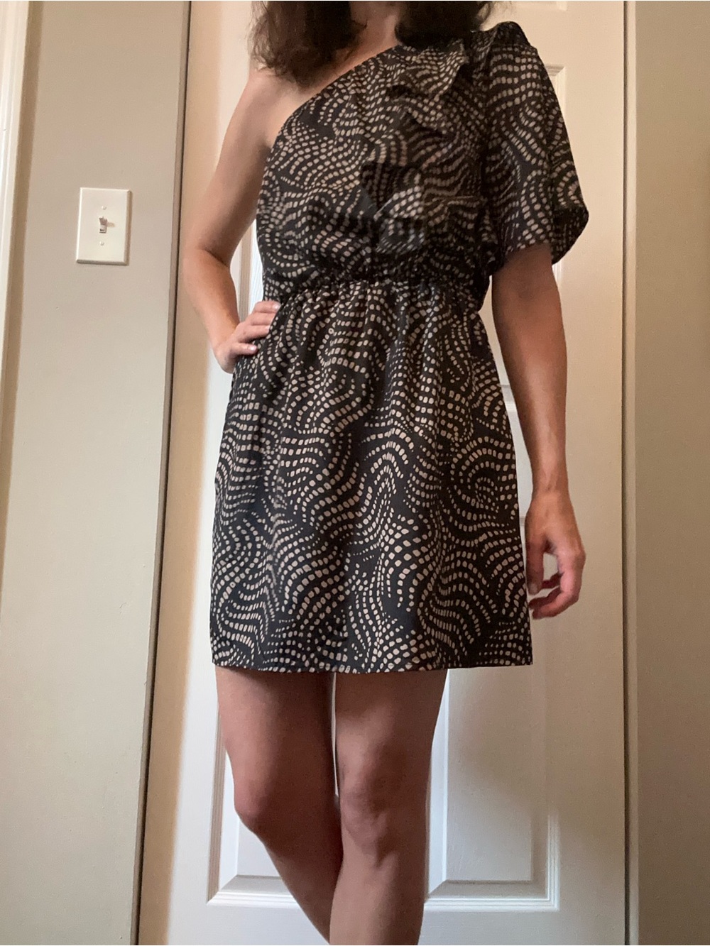 One-Shoulder Black and Cream Dot-Print Mini Dress